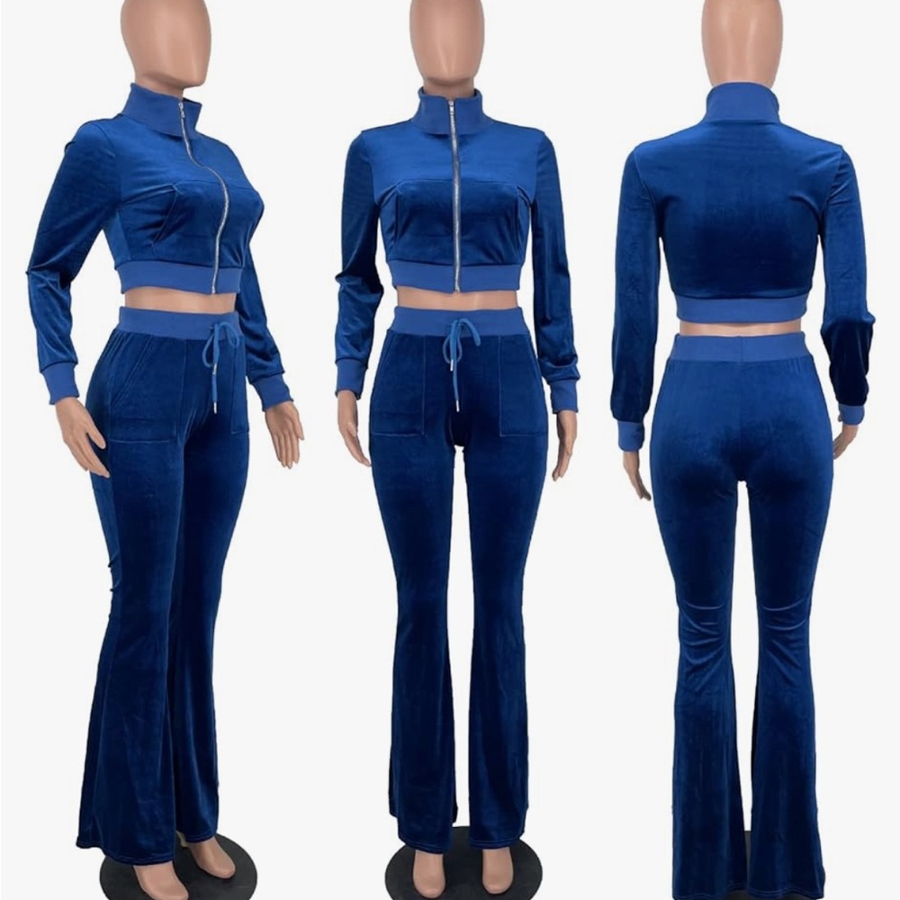 Velvet 2 Piece Set, Hoodied Crop Top Short, Long Sleeve Zip Up Matching Suit